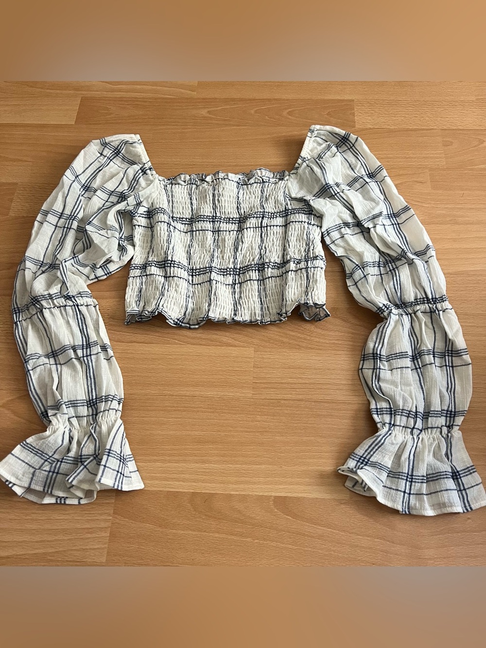 Zara Smocked Off-Shoulder Long Sleeve Top - White with Navy Plaid